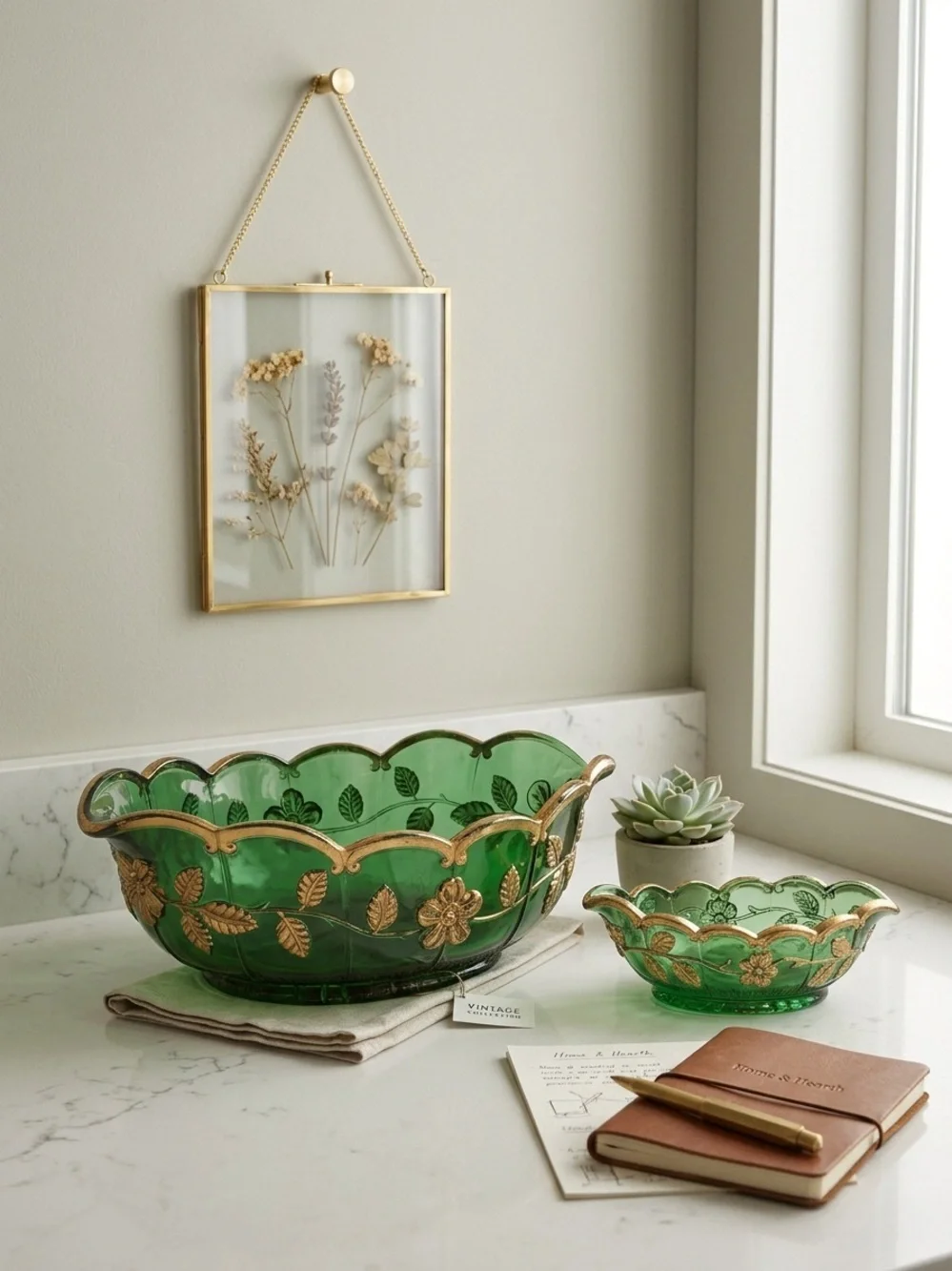 Vintage Emerald Green Glass Bowl Set with Elegant Gold Floral Metal Overlay